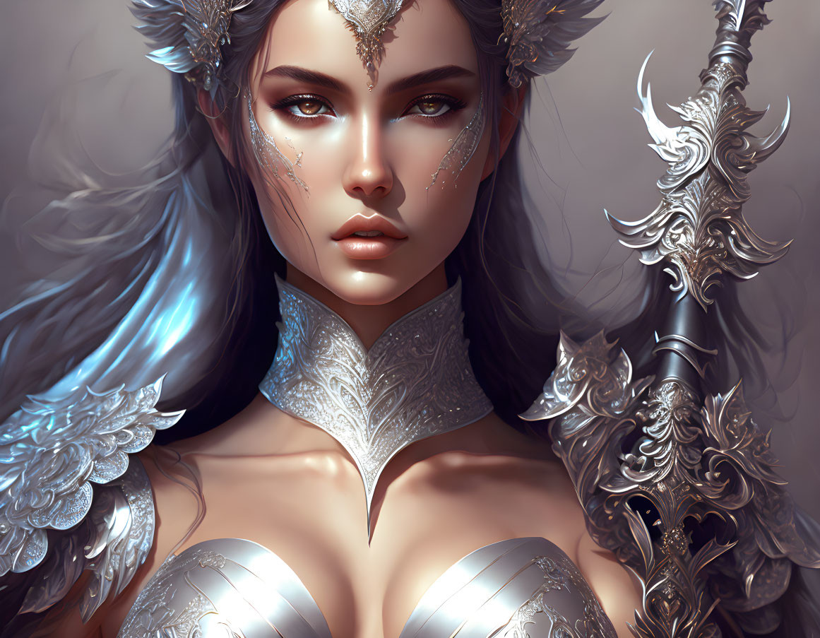 Fantasy female character in silver armor with feather motifs and staff, featuring intricate designs.