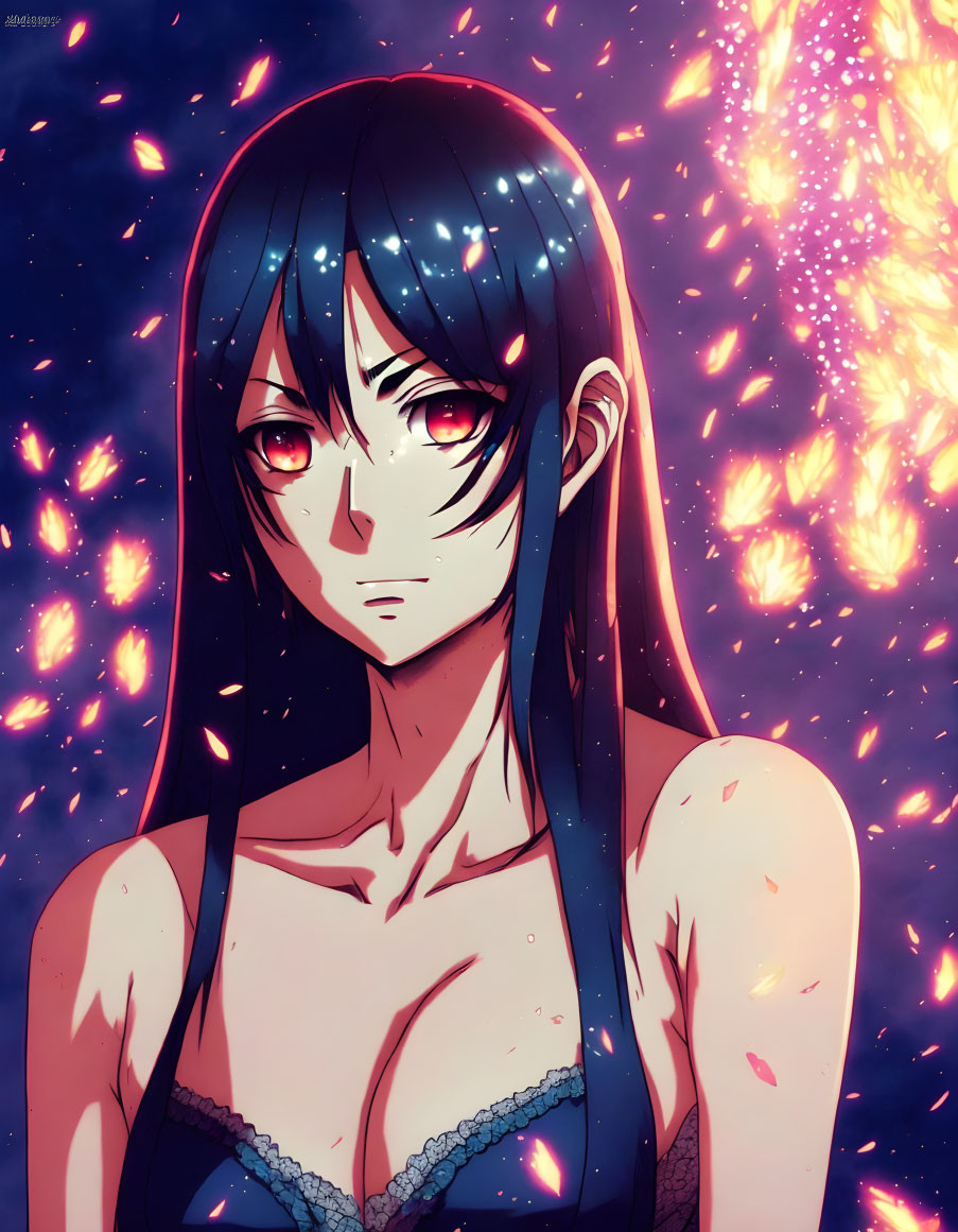 Dark-haired woman with red eyes surrounded by glowing embers and sparks.