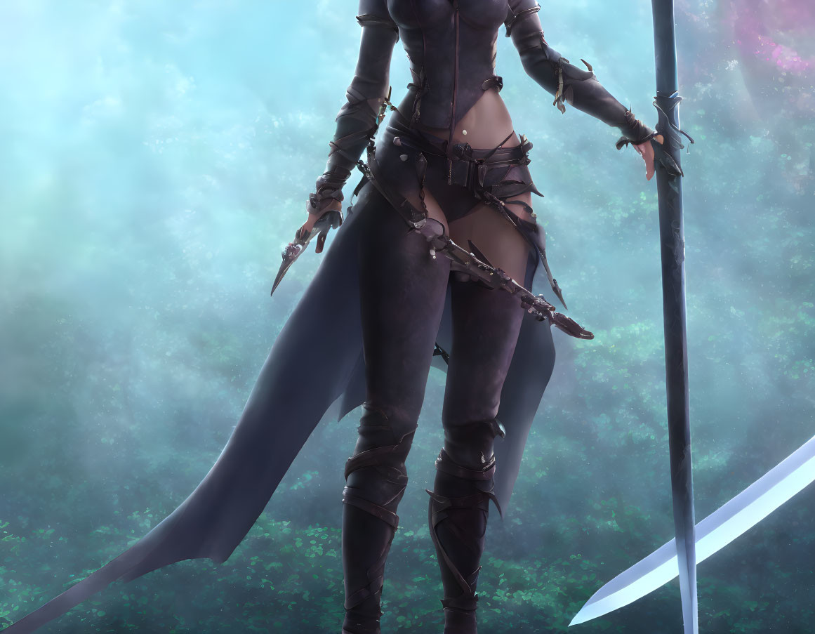 Female warrior in dark leather armor with sword in misty forest