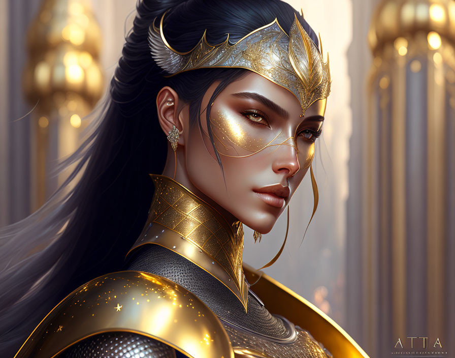 Regal woman in golden armor and crown with intricate designs and grand pillars.