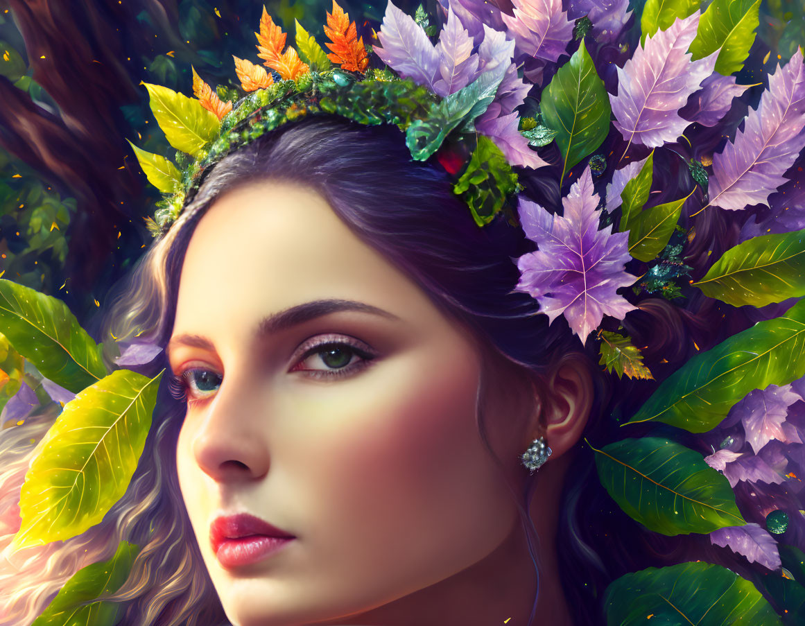 Woman with leafy crown in vibrant foliage background