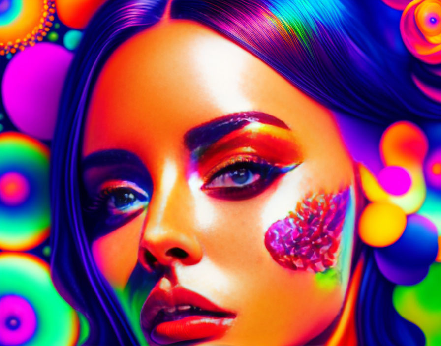 Colorful Close-Up Portrait of Woman with Bold Makeup on Psychedelic Background