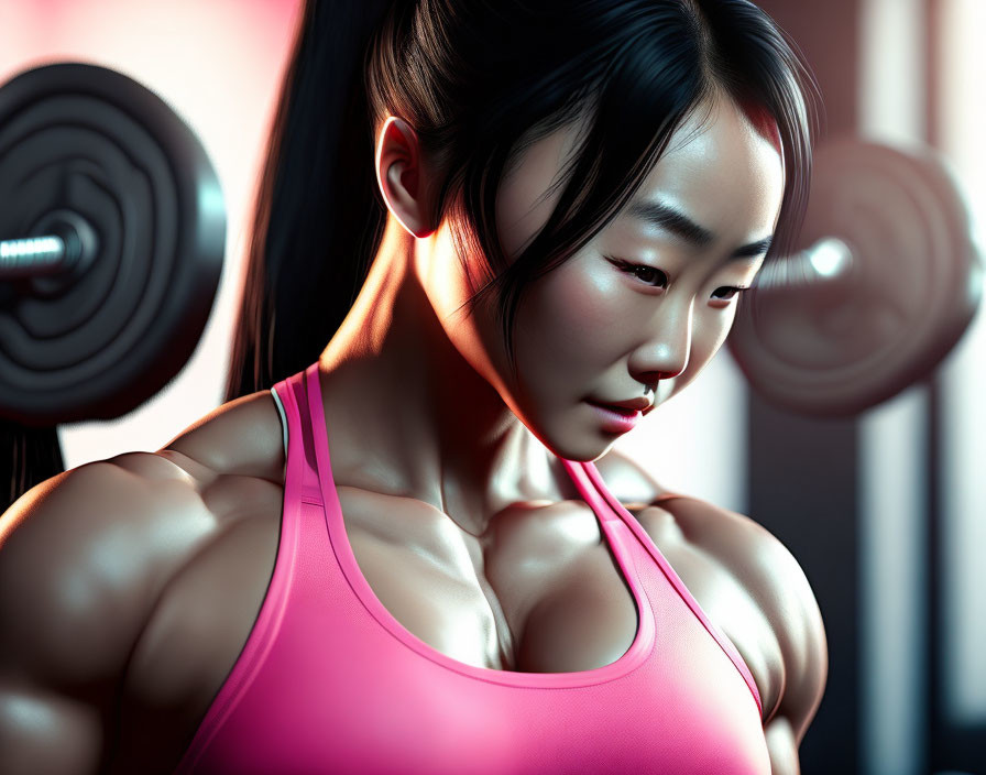 Athletic woman lifting weights in pink tank top at gym