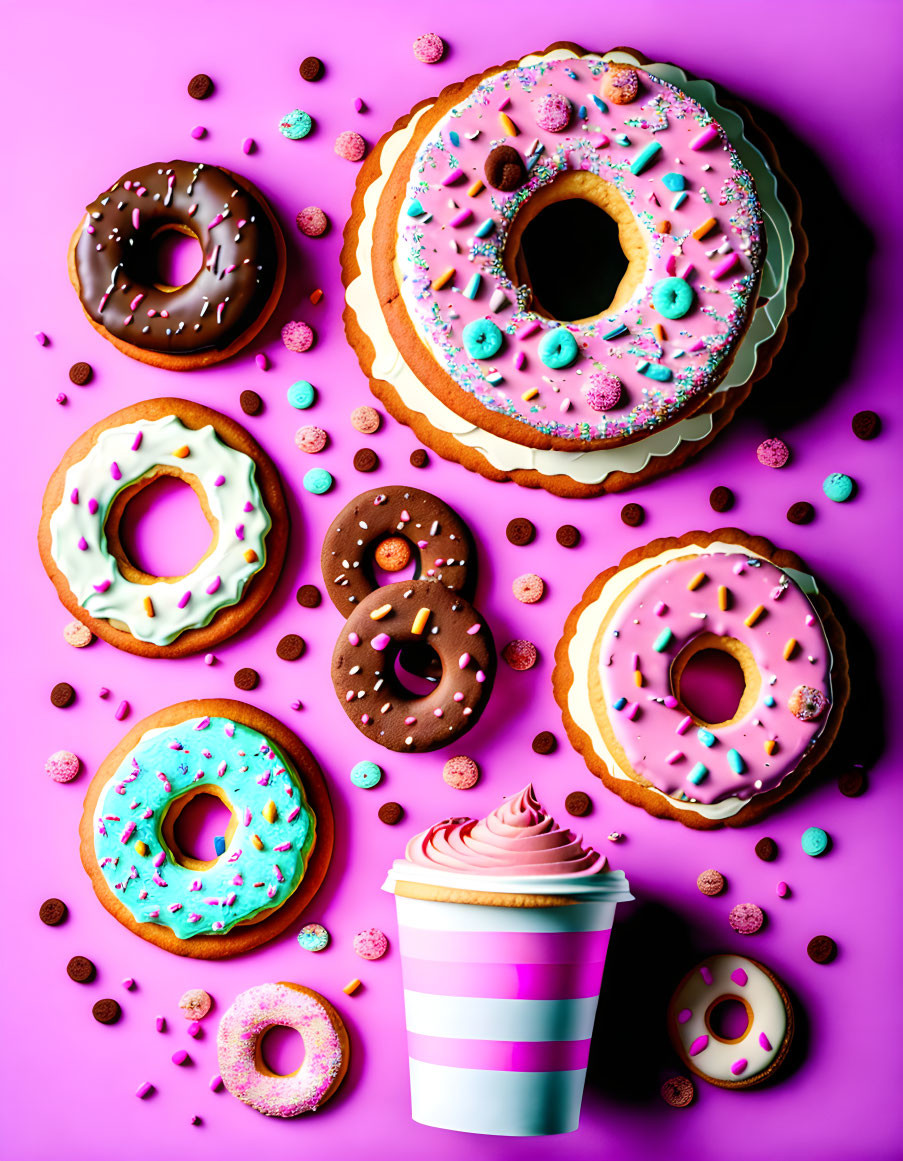 Colorful Decorated Doughnuts and Whipped Cream Cup on Purple Background