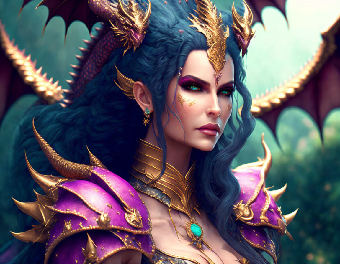 Fantastical female character with blue dragon-like scales and purple armor in mystical forest.