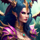 Fantastical female character with blue dragon-like scales and purple armor in mystical forest.