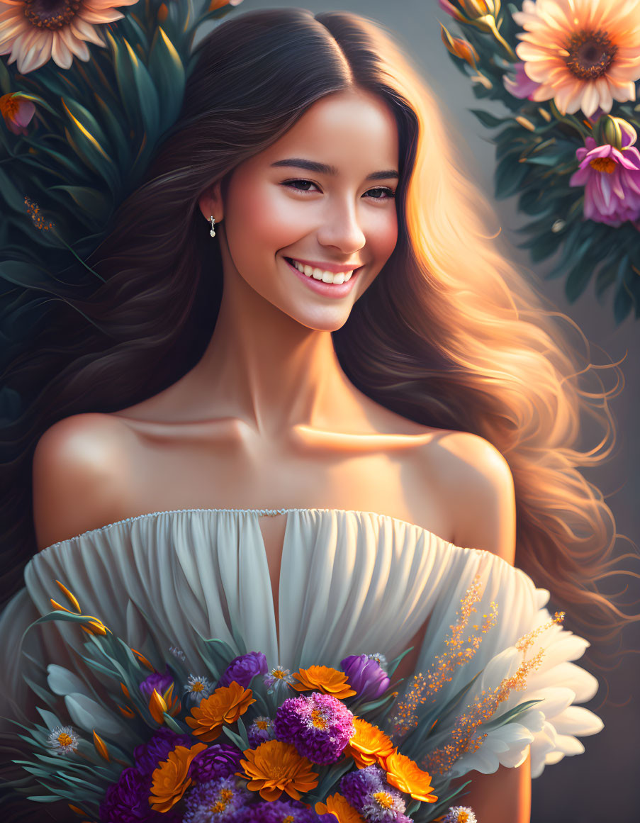 Smiling woman with flowing hair surrounded by vibrant flowers holding a bouquet