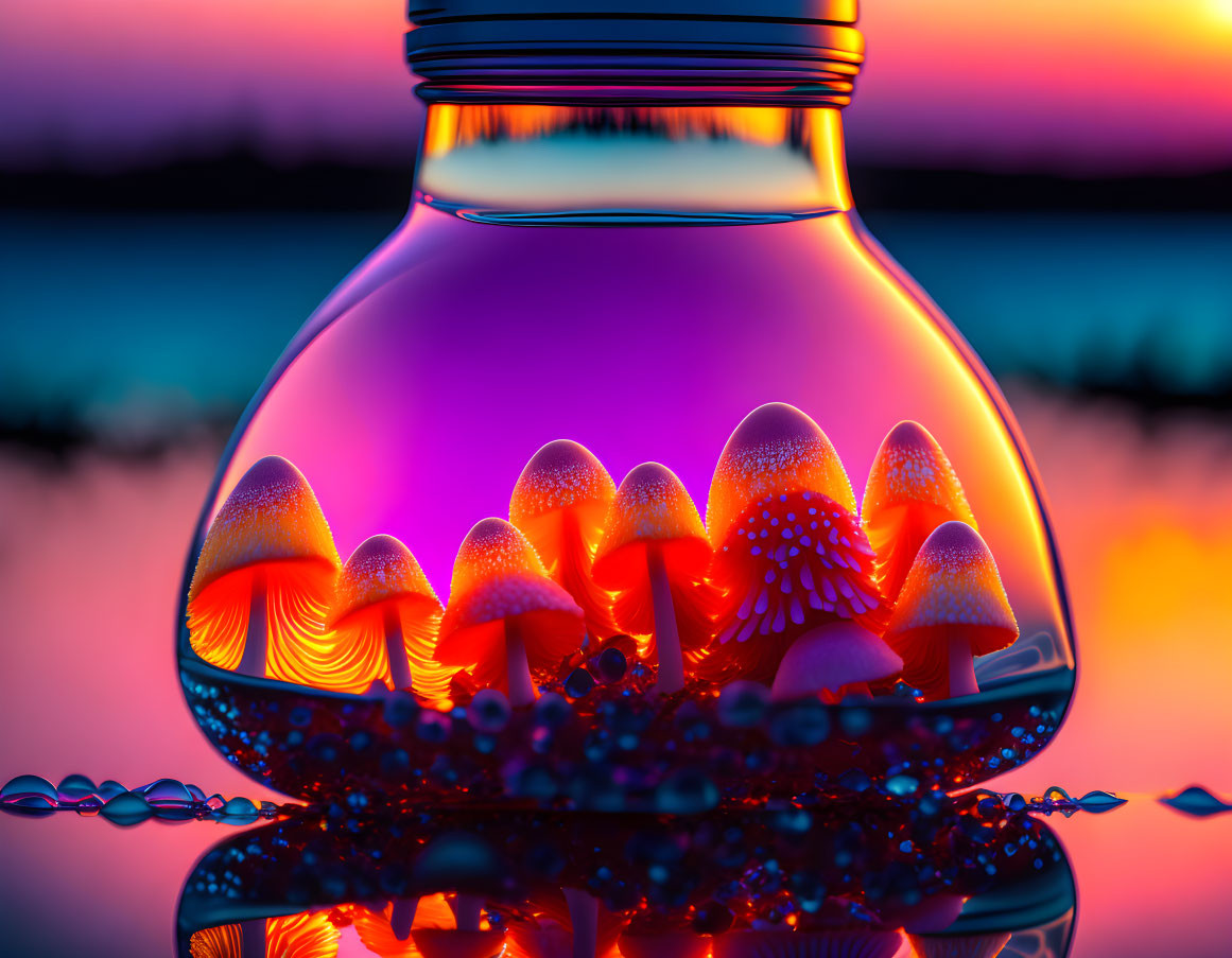 Colorful digital artwork: Glowing mushrooms in light bulb against twilight backdrop