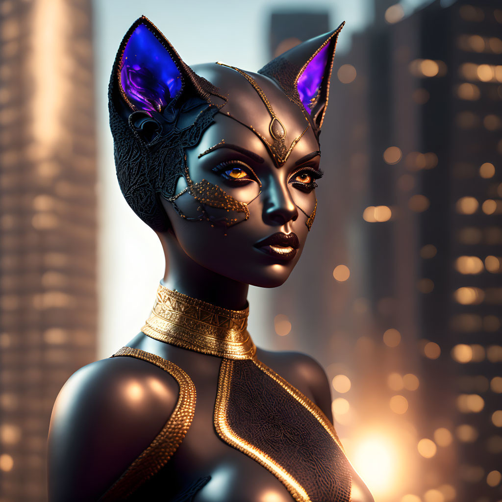 Digital artwork: Woman with cat-like features and golden jewelry on blurred cityscape.