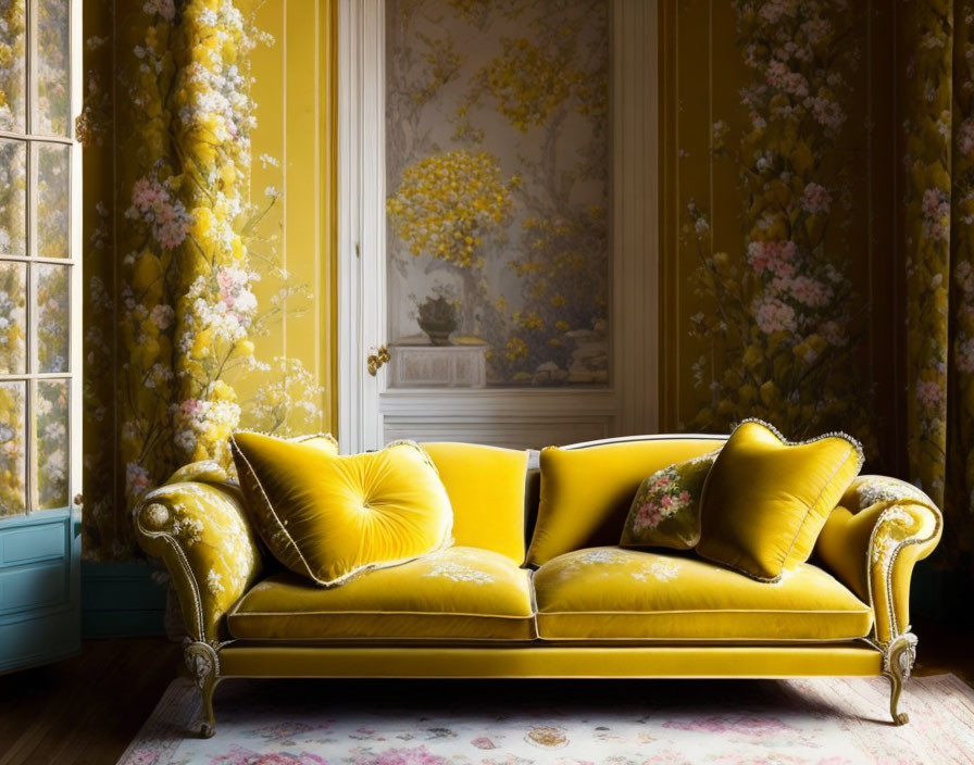 Yellow Upholstered Sofa with Wooden Detailing in Room with Floral Wallpaper