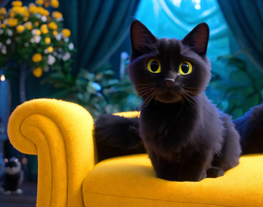 Animated black cat with yellow eyes on yellow armchair, blue curtain, blooming tree.