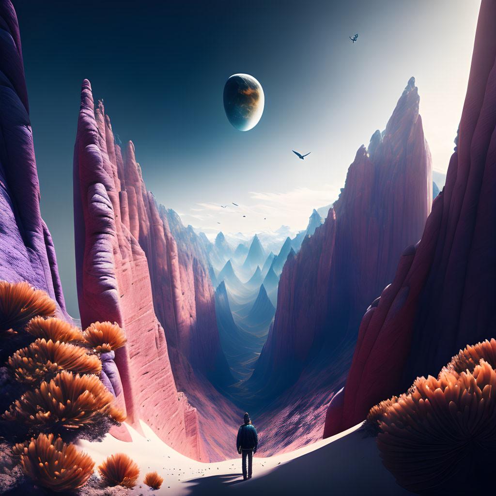 Person in desert canyon with red cliffs, surreal sky, planet, and birds