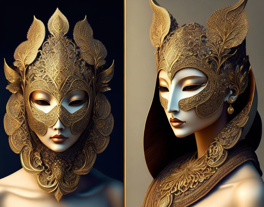 Ornate Golden Masks with Feline Designs on Dark Background