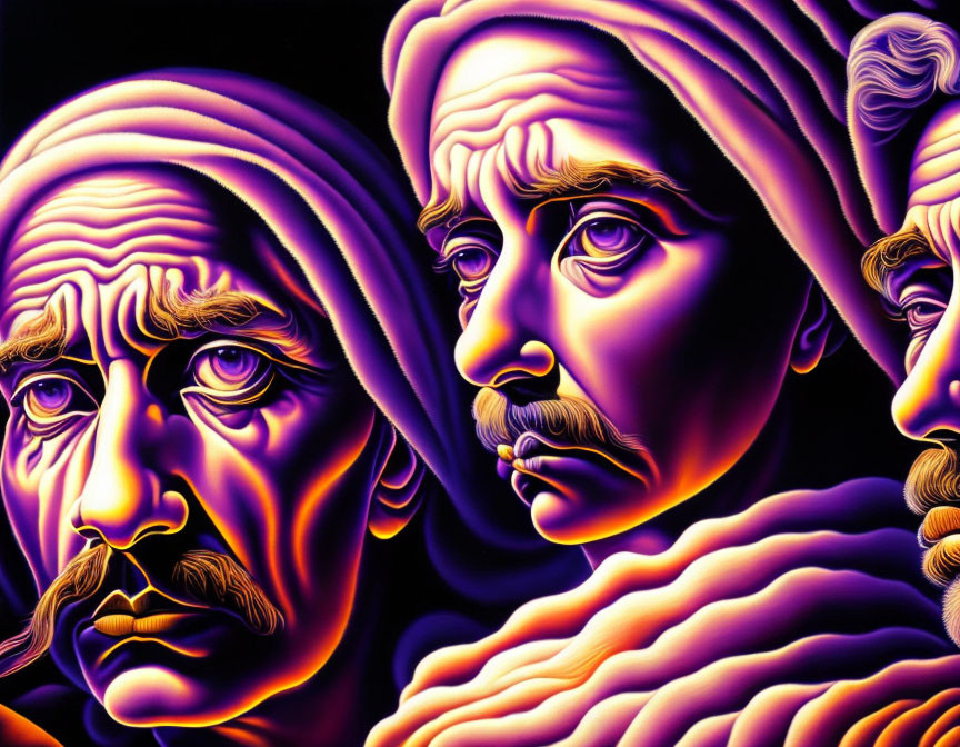 Neon-colored digital artwork of three stylized male faces