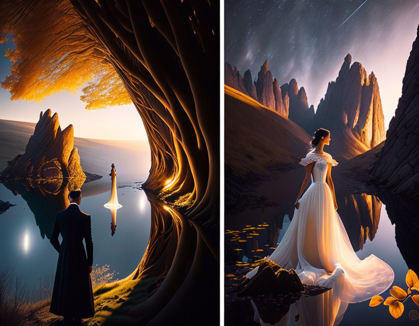 Artistic compositions: Man by surreal lake with floating light, woman in dress by night landscape with shooting