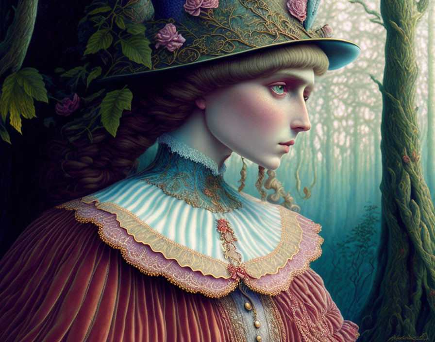 Stylized portrait of woman in Victorian attire amid mystical forest