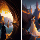 Artistic compositions: Man by surreal lake with floating light, woman in dress by night landscape with shooting