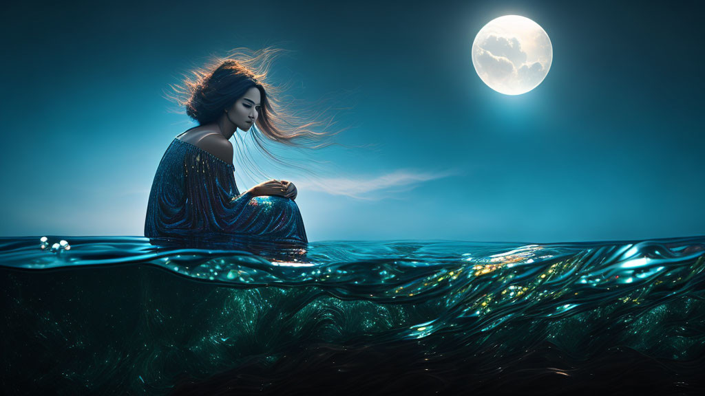 Woman Sitting on Calm Water Under Full Moon