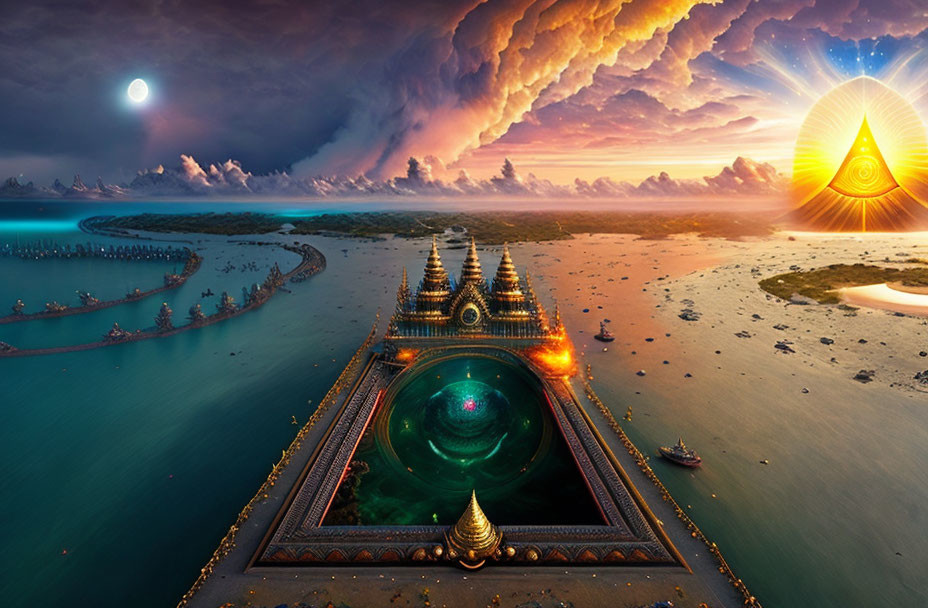 Majestic temple in glowing fantasy landscape