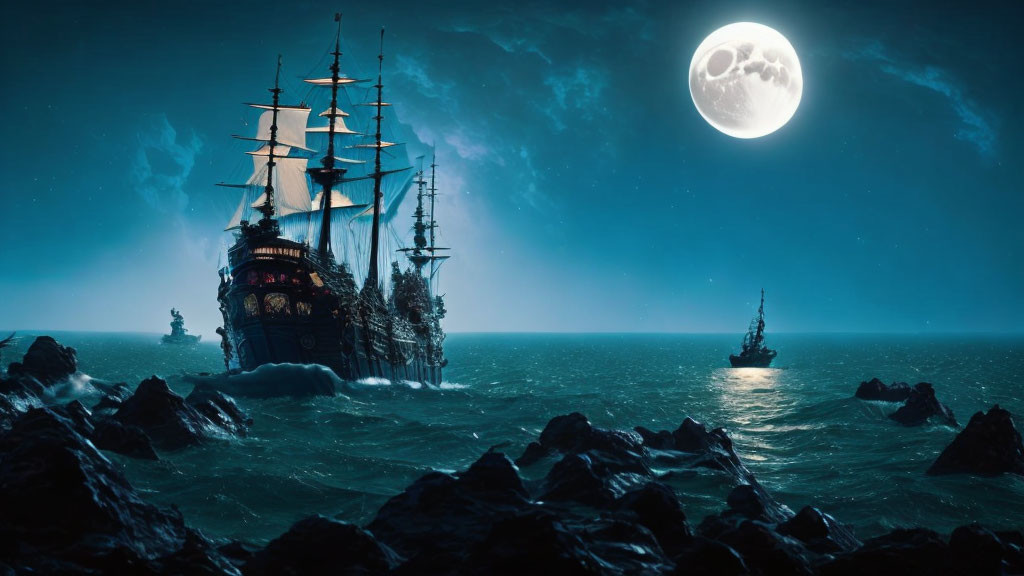 Moonlit sea scene with sailing ships and rocks at night