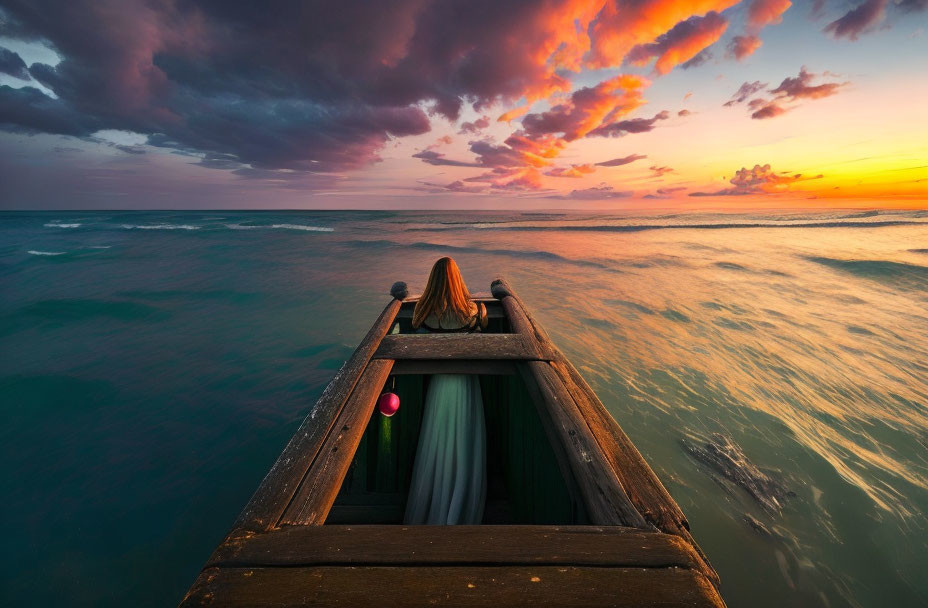 Woman sitting on wooden boat gazing at vibrant ocean sunset