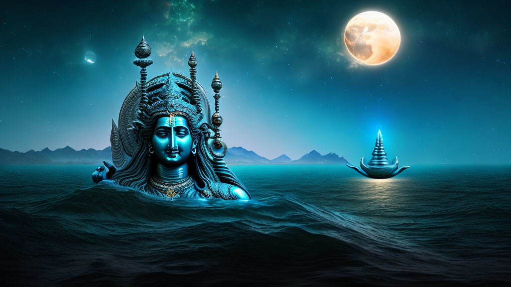 Surreal deity face in sea with trident ship at night