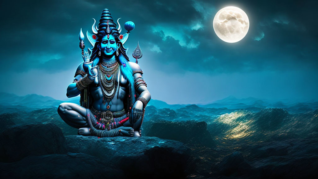 Deity with Multiple Arms in Meditative Pose Under Full Moon