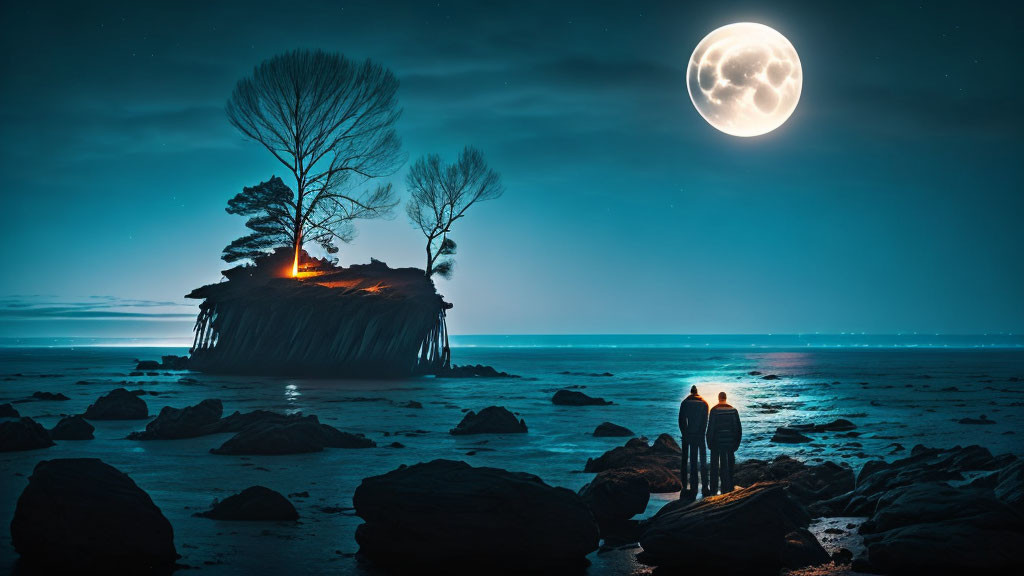 Night scene: two people by shore looking at moon, small island with bright trees in background