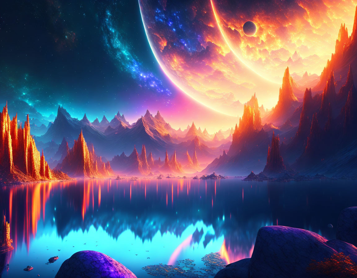 Surreal landscape digital artwork with oversized planet and luminous night sky