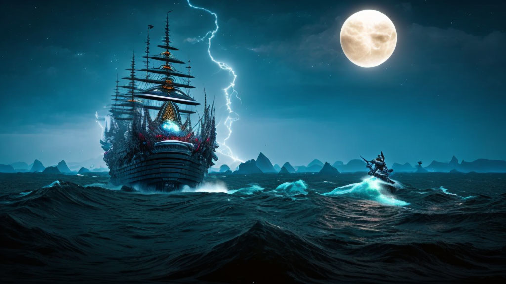 Majestic ship sailing under full moon with lightning strike and lone figure in rough seas