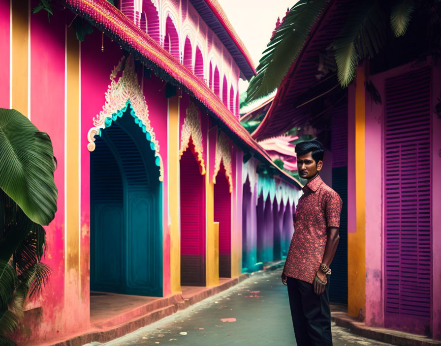 Man in traditional attire in vibrant tropical alleyway