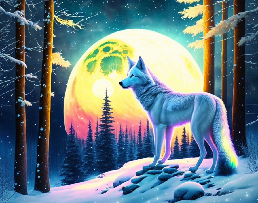 Colorful Wolf in Winter Forest with Vibrant Moon