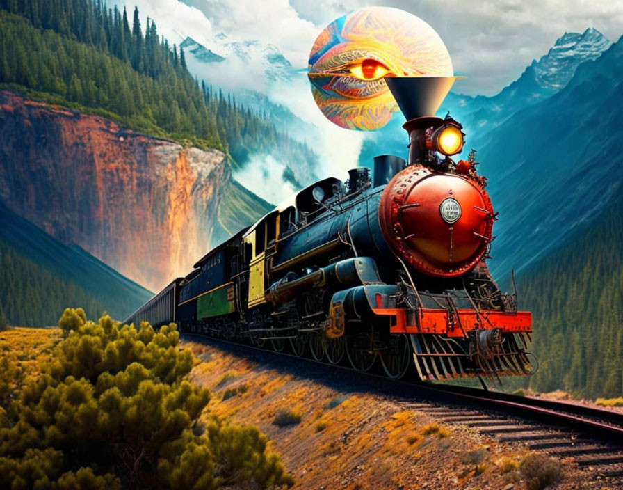 Vintage Steam Train on Mountain Track with Giant Eye in Surreal Landscape