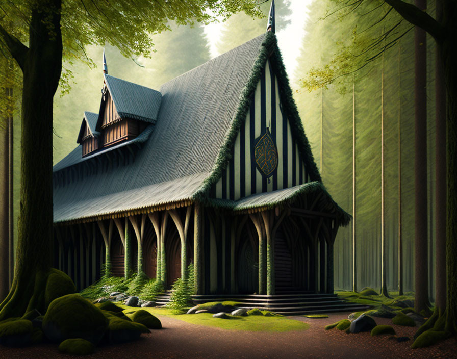 Traditional Stave Church in Lush Forest Setting