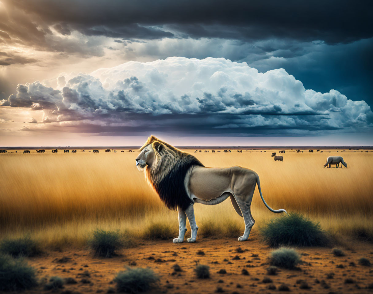 Majestic lion in savannah with dramatic sky and elephants afar