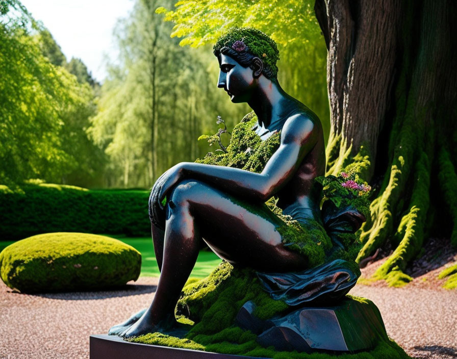 Seated woman statue covered in moss and plants in lush garden