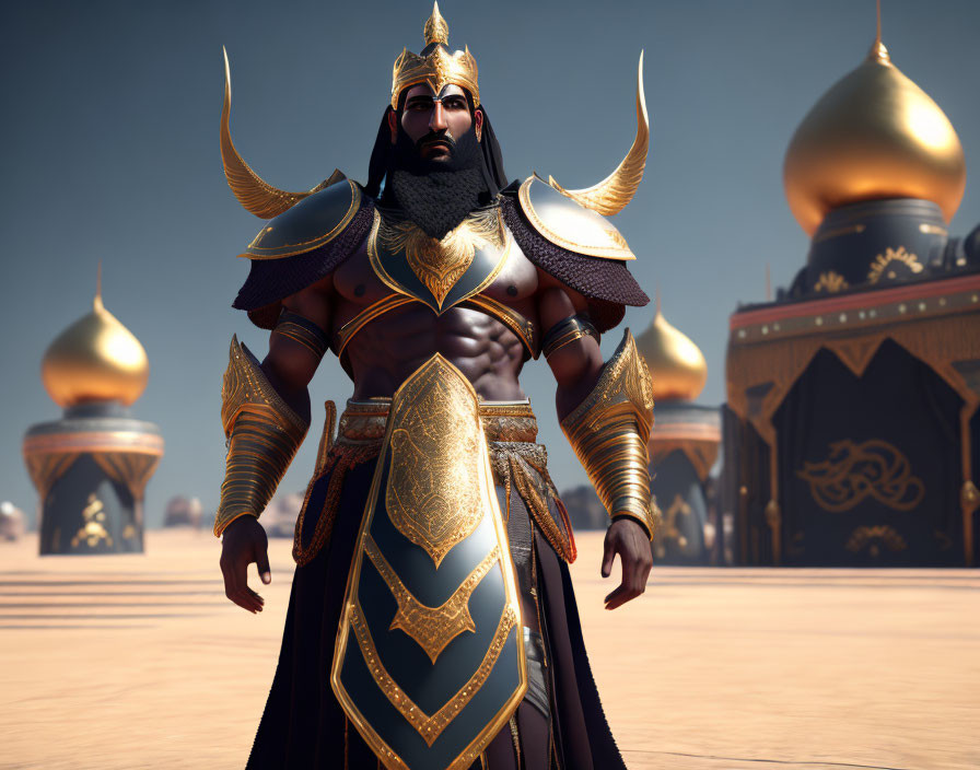 Majestic warrior in ornate armor in desert city with golden domes