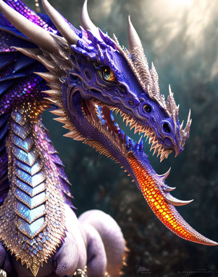 Detailed Illustration: Majestic Blue Dragon with Sharp Horns & Yellow Eyes