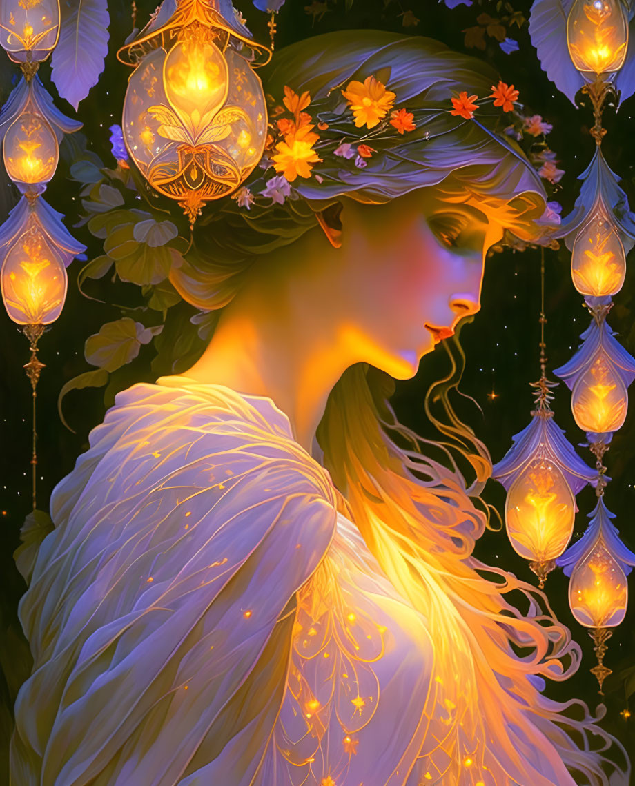 Ethereal woman with floral hair, lanterns, starry night background