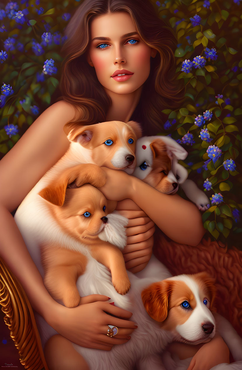 Woman with Wavy Hair Holding Three Puppies in Purple Flower Field