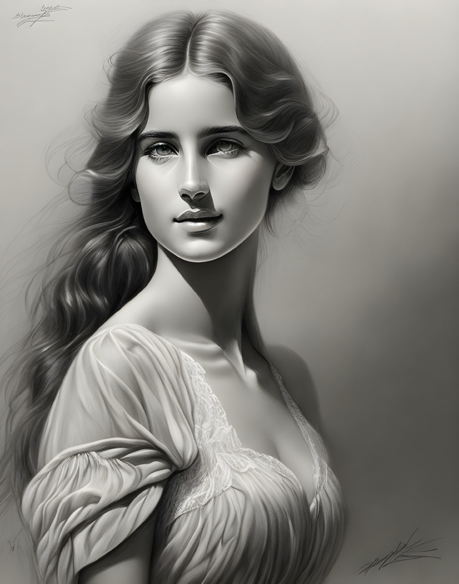 Detailed monochrome digital portrait of a woman with flowing hair and a faraway gaze