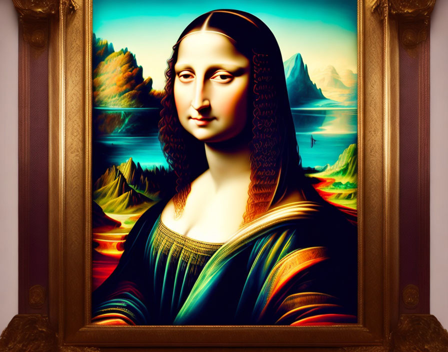 Digitally altered Mona Lisa in vibrant colors on gallery wall