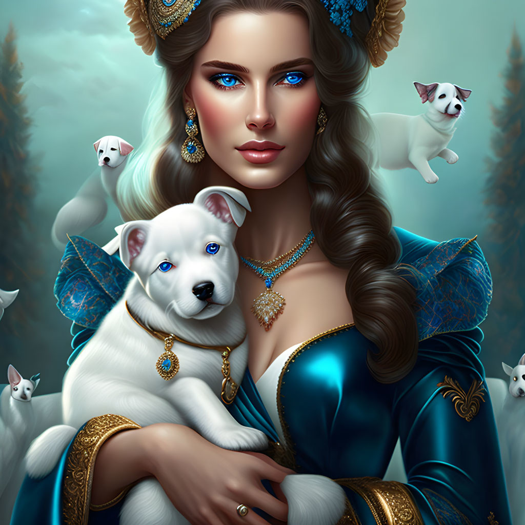 Digital artwork featuring woman with blue eyes, teal dress, gold jewelry, holding white puppy in mystical forest