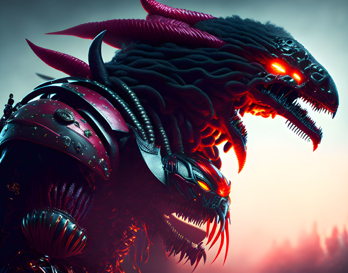 Robotic dragon with red eyes and metallic scales in twilight sky