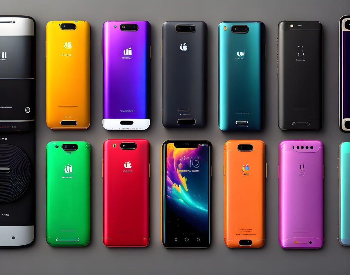 Assorted smartphones in different colors and designs on grey background