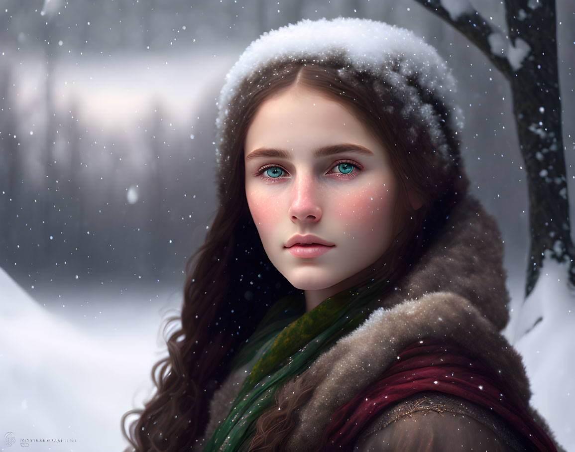 Young woman in fur coat with blue eyes and wavy hair in snowy scene