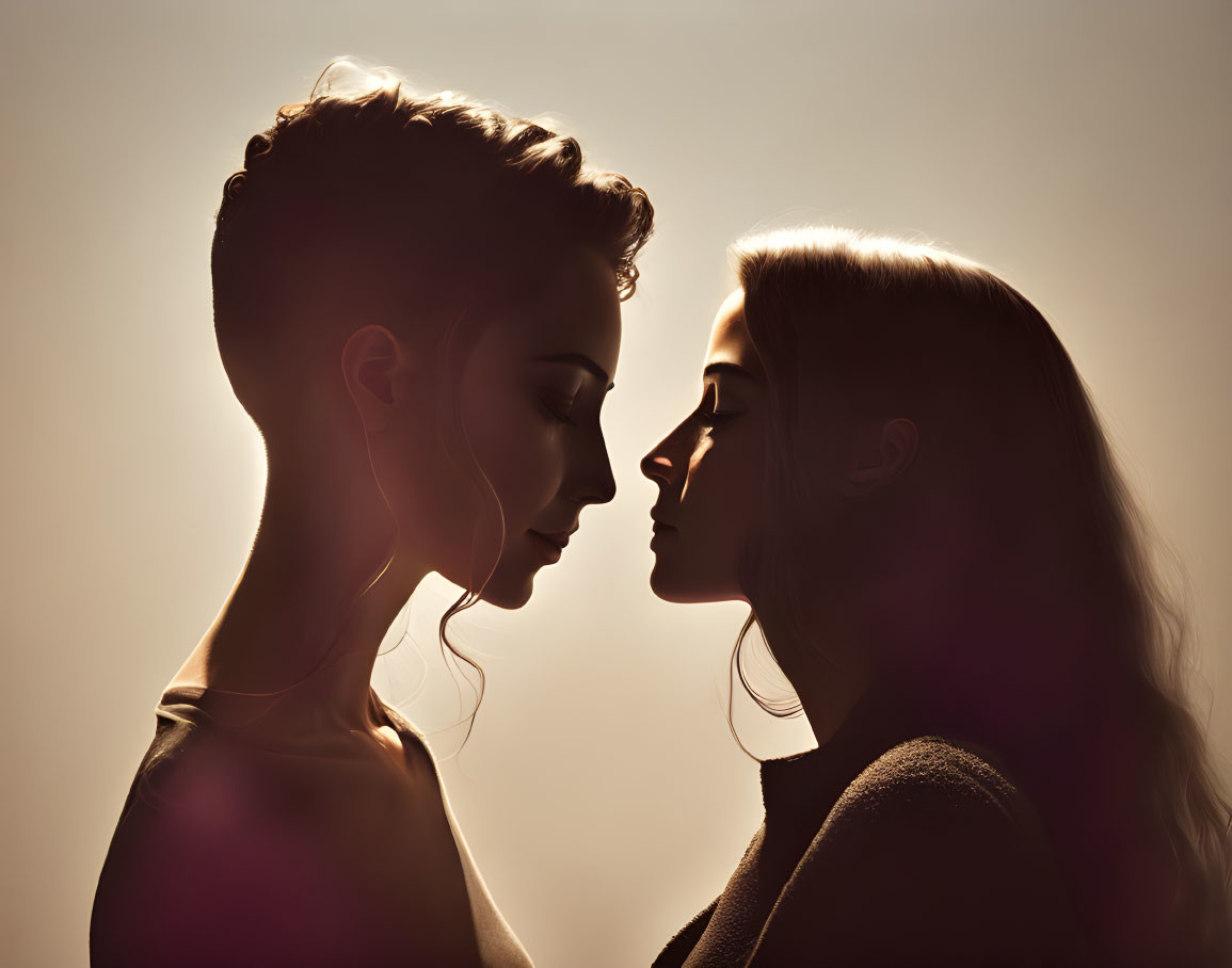 Silhouettes of two women with contrasting hairstyles against warm backlit background