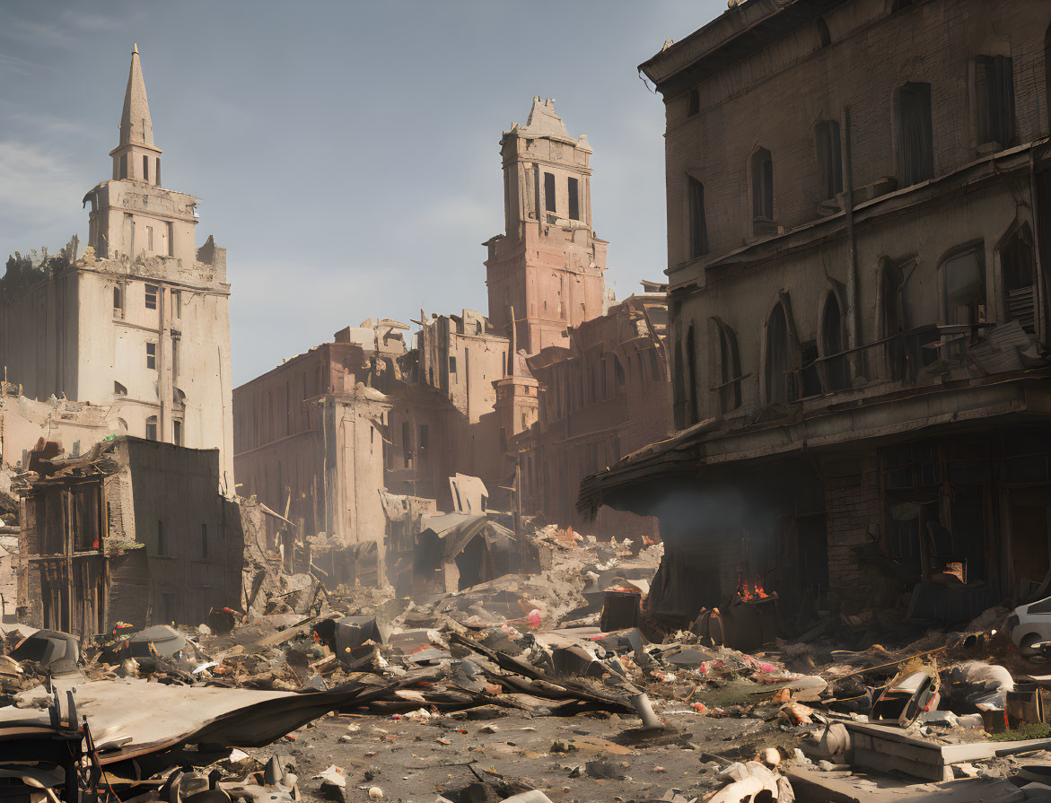 Devastated urban landscape with collapsed buildings and debris