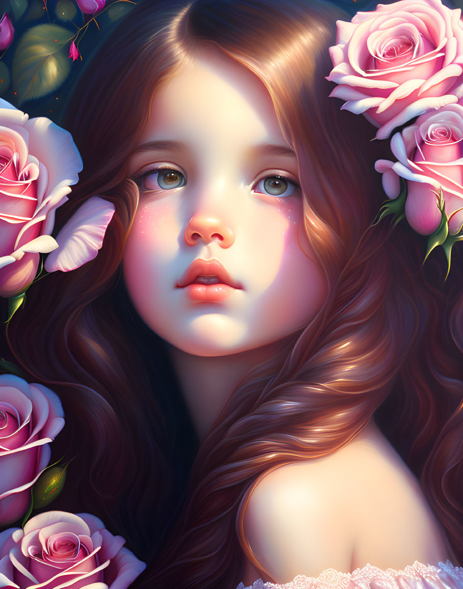 Young girl digital portrait with brown hair and pink roses