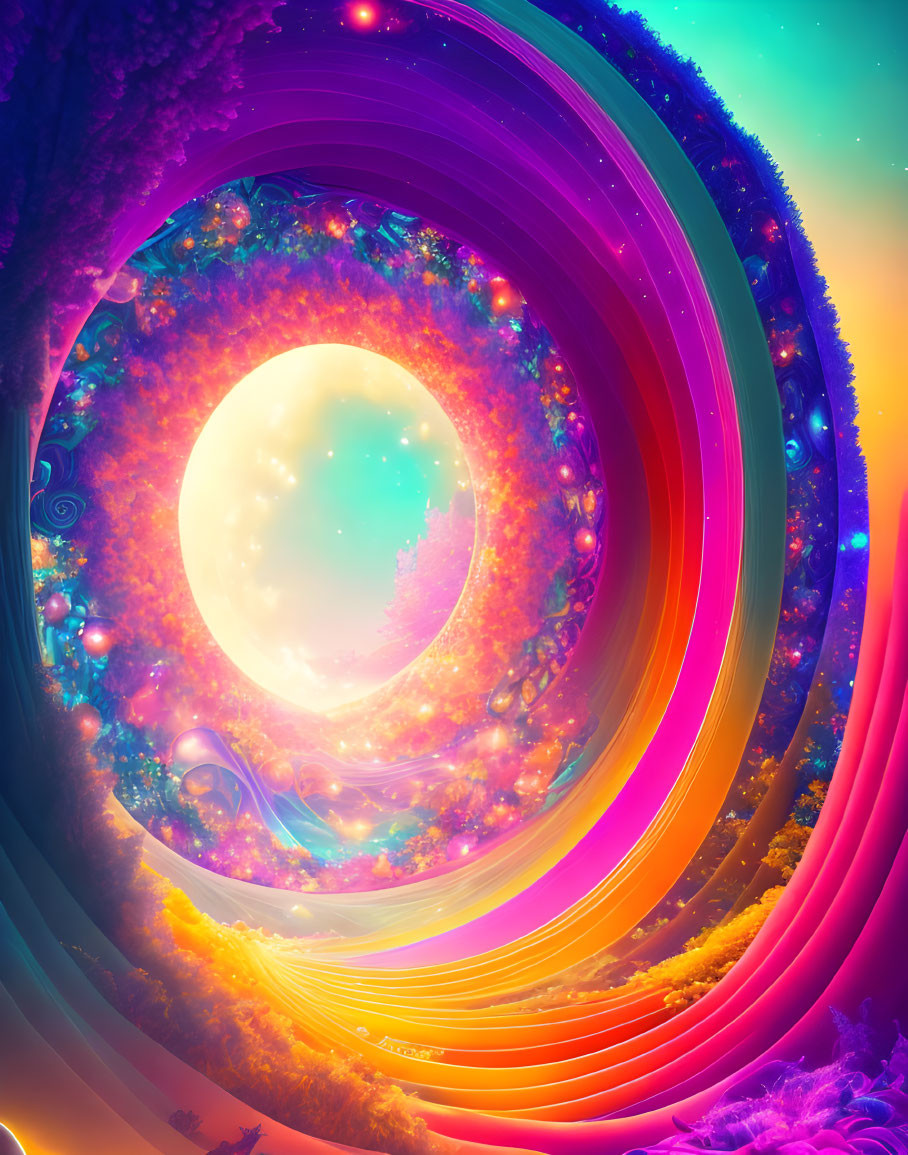 Colorful Swirling Vortex with Stars and Bright Light